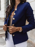 Aurohaya Short Officer Jacket for Women Button-Up Stand Collar Elegant Polyester Blazer