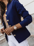 Aurohaya Short Officer Jacket for Women Button-Up Stand Collar Elegant Polyester Blazer
