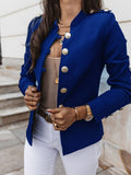 Aurohaya Short Officer Jacket for Women Button-Up Stand Collar Elegant Polyester Blazer