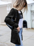 Aurohaya Velvet Blazer for Women Elegant Mid-Length Buttoned Jacket