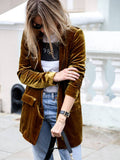 Aurohaya Velvet Blazer for Women Elegant Mid-Length Buttoned Jacket