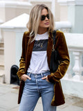 Aurohaya Velvet Blazer for Women Elegant Mid-Length Buttoned Jacket