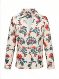 Aurohaya Floral Printed Blazer for Women V-Cut Long Sleeve Vintage Casual Polyester Jacket