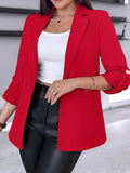 Aurohaya Solid Color Blazer for Women Long Sleeve Buttoned Polyester Elegant Casual Fashion Jacket
