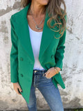 Aurohaya Double-Breasted Solid Blazer for Women Long-Sleeve with Pockets, Elegant Casual Autumn Jacket