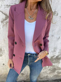 Aurohaya Double-Breasted Solid Blazer for Women Long-Sleeve with Pockets, Elegant Casual Autumn Jacket