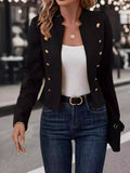 Aurohaya Women's Suedine Officer Jacket Double-Breasted Stand Collar Blazer with Pockets