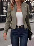 Aurohaya Women's Suedine Officer Jacket Double-Breasted Stand Collar Blazer with Pockets