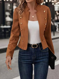 Aurohaya Women's Suedine Officer Jacket Double-Breasted Stand Collar Blazer with Pockets