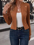 Aurohaya Women's Suedine Officer Jacket Double-Breasted Stand Collar Blazer with Pockets