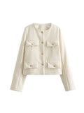 Aurohaya Tweed Court Blazer for Women Round Collar Short Jacket with Buttons & Pockets