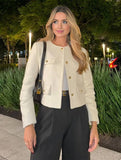 Aurohaya Tweed Court Blazer for Women Round Collar Short Jacket with Buttons & Pockets