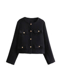 Aurohaya Tweed Court Blazer for Women Round Collar Short Jacket with Buttons & Pockets