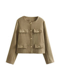 Aurohaya Tweed Court Blazer for Women Round Collar Short Jacket with Buttons & Pockets