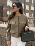Aurohaya Tweed Court Blazer for Women Round Collar Short Jacket with Buttons & Pockets