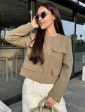Aurohaya Tweed Court Blazer for Women Round Collar Short Jacket with Buttons & Pockets