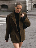 Aurohaya Oversized Suedine Blazer Women's Vintage Lapel Collar Jacket with Buttons & Pockets