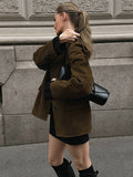 Aurohaya Oversized Suedine Blazer Women's Vintage Lapel Collar Jacket with Buttons & Pockets