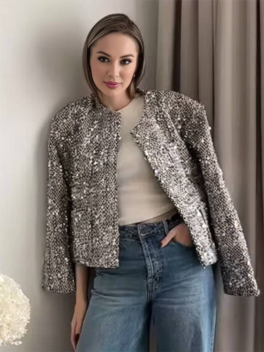 Aurohaya Shiny Tweed Blazer with Sequins Women's Round-Collar Short Jacket with Pockets