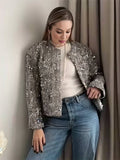 Aurohaya Shiny Tweed Blazer with Sequins Women's Round-Collar Short Jacket with Pockets