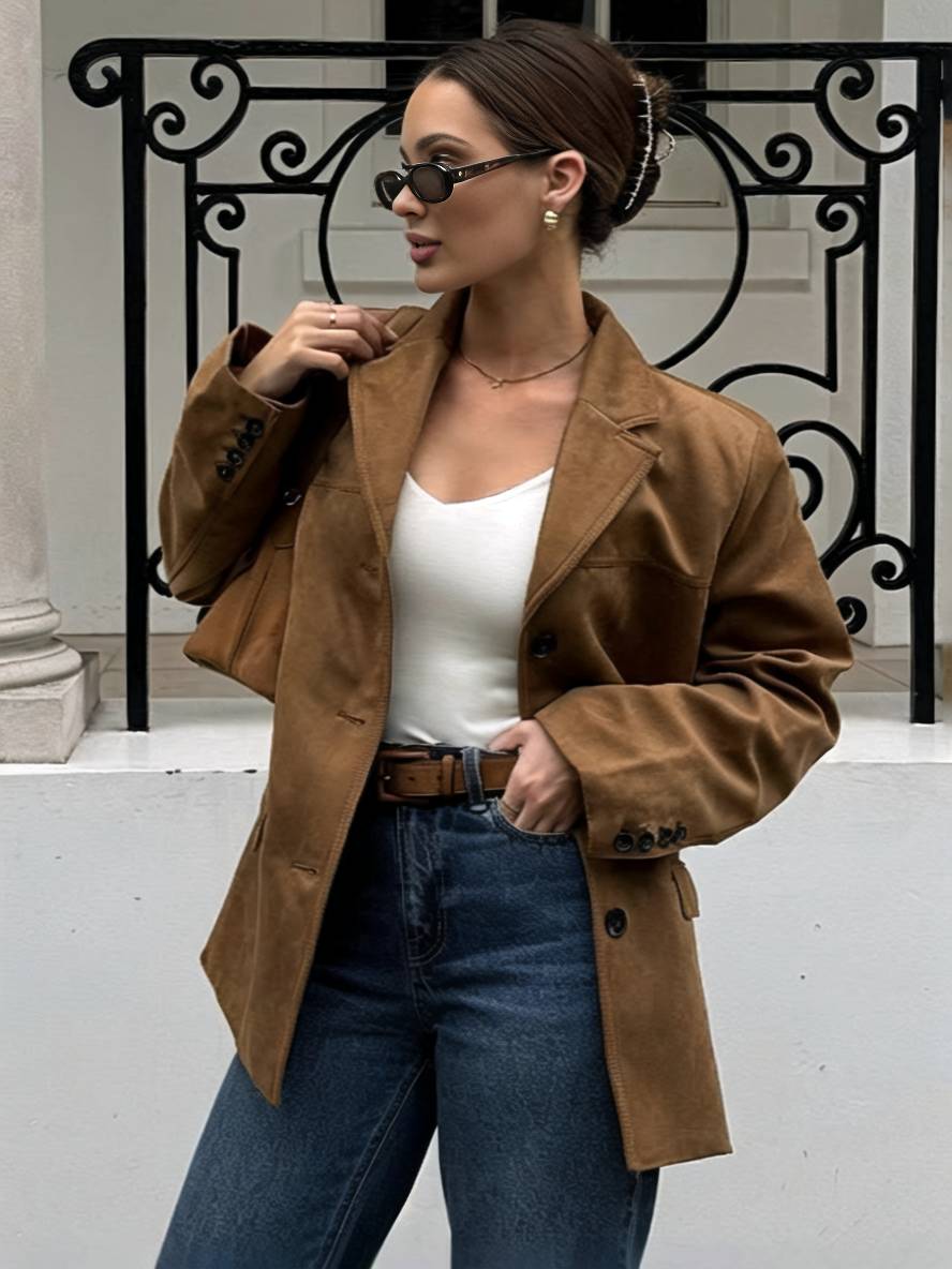 Aurohaya Oversized Suede Blazer Women’s Casual Loose Faux Leather Jacket