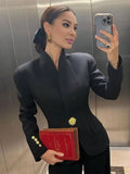 Aurohaya Women's Short Office Blazer Black with Gold Buttons V-Neck Sizeur Jacket