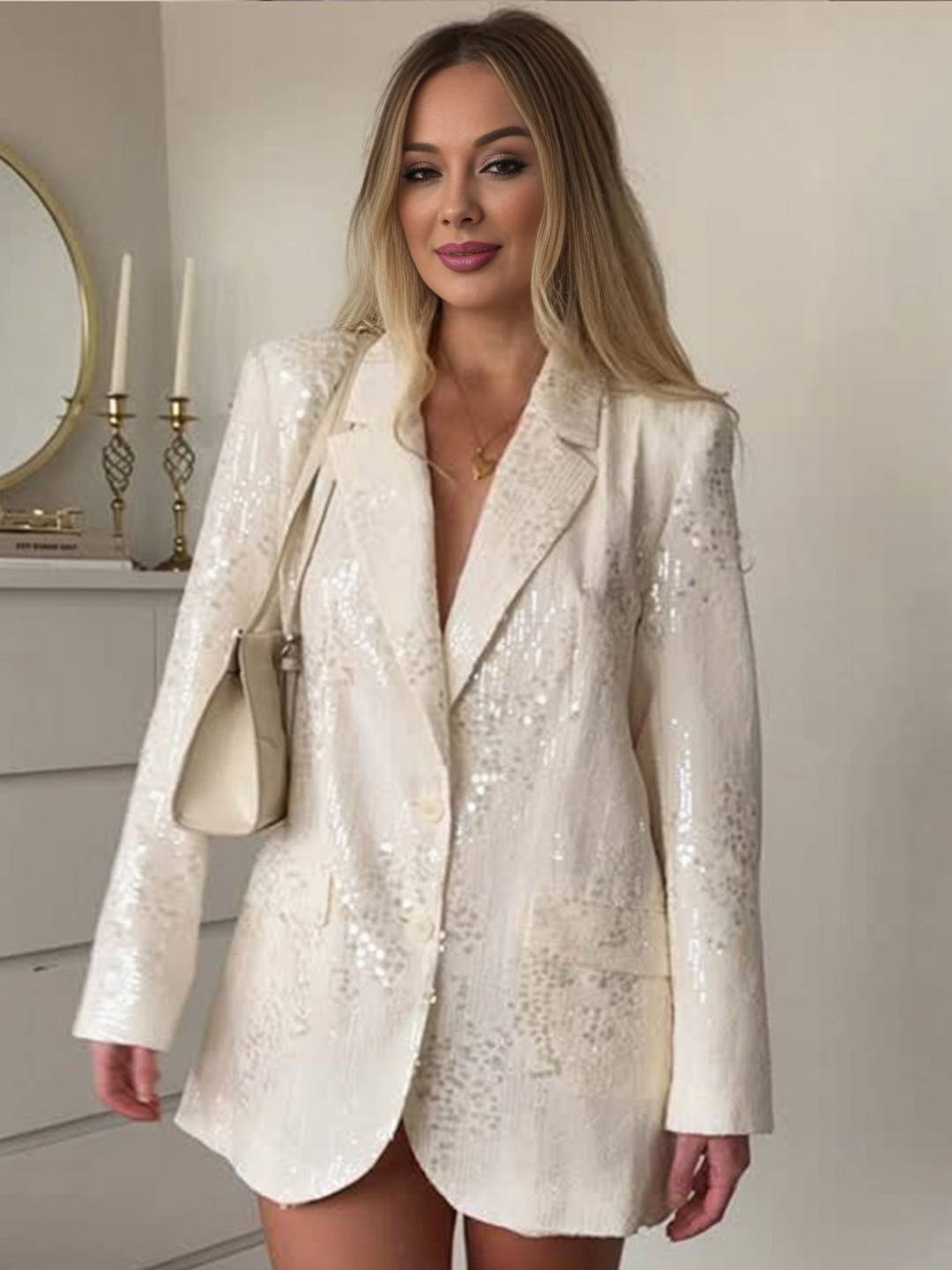 Aurohaya Women's Sequin V-Neck Blazer Jacket