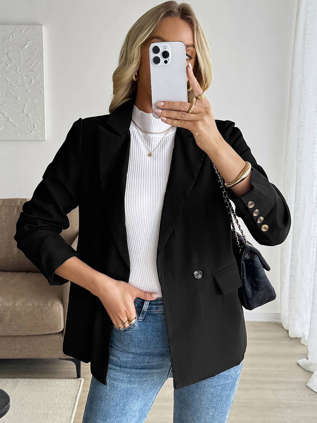 Aurohaya Women’s Blazer with Buttons and Pockets ong Sleeve Single-Breasted Lapel Casual Work Jacket