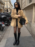 Aurohaya Suede Blazer for Women Buttoned Vintage Lapel Collar Jacket with Pockets