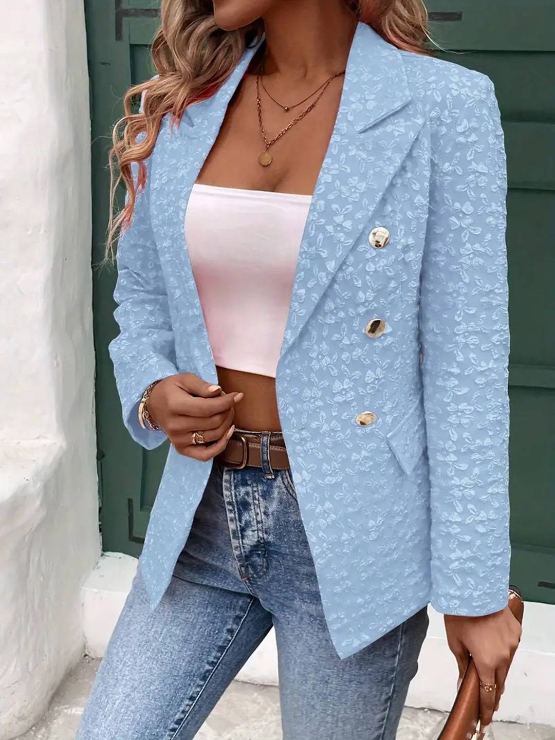 Aurohaya Women’s Double Breasted Jacquard Blazer Long Sleeve Casual Office Jacket