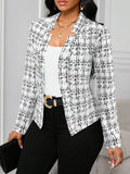 Aurohaya Women’s Fitted Tweed Plaid Jacket Open Office Blazer Long Sleeve Chic Autumn Winter Coat