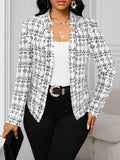 Aurohaya Women’s Fitted Tweed Plaid Jacket Open Office Blazer Long Sleeve Chic Autumn Winter Coat