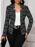 Aurohaya Women’s Fitted Tweed Plaid Jacket Open Office Blazer Long Sleeve Chic Autumn Winter Coat