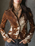 Aurohaya Women’s Short Cow Print Blazer Buttoned Stand Collar Vintage Jacket