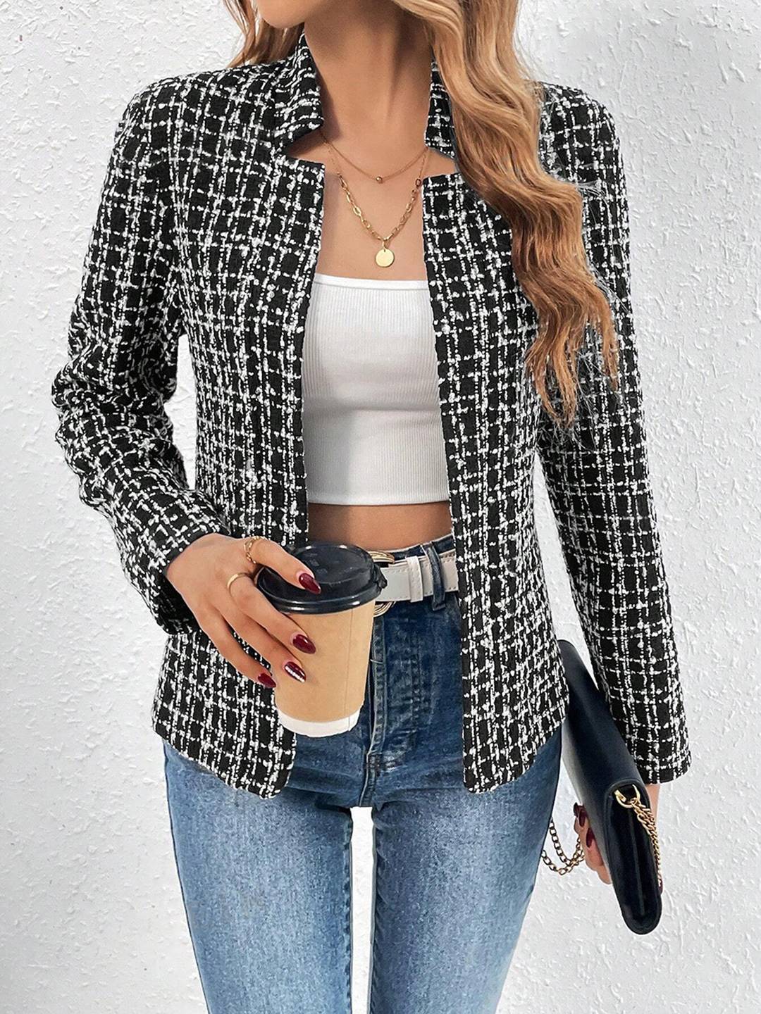 Aurohaya Women’s Short Tweed Jacket Chic Open Blazer Long Sleeve Autumn Winter Coat