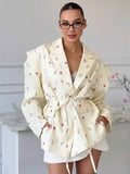 Aurohaya Women's Oversized Floral Blazer Belted Lapel Collar Long Sleeve Casual Jacket