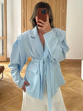Aurohaya Women's Off-Shoulder Belted Blazer Long Sleeve Chic Office & Cocktail Jacket