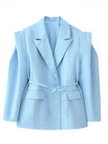 Aurohaya Women's Off-Shoulder Belted Blazer Long Sleeve Chic Office & Cocktail Jacket