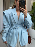 Aurohaya Women's Off-Shoulder Belted Blazer Long Sleeve Chic Office & Cocktail Jacket