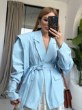 Aurohaya Women's Off-Shoulder Belted Blazer Long Sleeve Chic Office & Cocktail Jacket