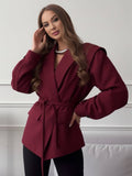 Aurohaya Women's Off-Shoulder Belted Blazer Long Sleeve Chic Office & Cocktail Jacket
