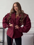 Aurohaya Women's Off-Shoulder Belted Blazer Long Sleeve Chic Office & Cocktail Jacket