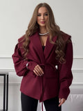 Aurohaya Women's Off-Shoulder Belted Blazer Long Sleeve Chic Office & Cocktail Jacket