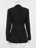 Aurohaya Women's Black Fitted Blazer Buttoned V-Neck Long Sleeve Elegant Office Jacket