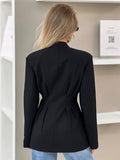 Aurohaya Women's Black Fitted Blazer Buttoned V-Neck Long Sleeve Elegant Office Jacket