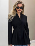Aurohaya Women's Black Fitted Blazer Buttoned V-Neck Long Sleeve Elegant Office Jacket
