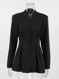 Aurohaya Women's Black Fitted Blazer Buttoned V-Neck Long Sleeve Elegant Office Jacket