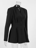 Aurohaya Women's Black Fitted Blazer Buttoned V-Neck Long Sleeve Elegant Office Jacket