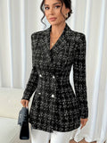 Aurohaya Women's Plaid Tweed Blazer Double-Breasted Lapel Collar Long Sleeve Elegant Office Jacket