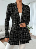 Aurohaya Women's Plaid Tweed Blazer Double-Breasted Lapel Collar Long Sleeve Elegant Office Jacket